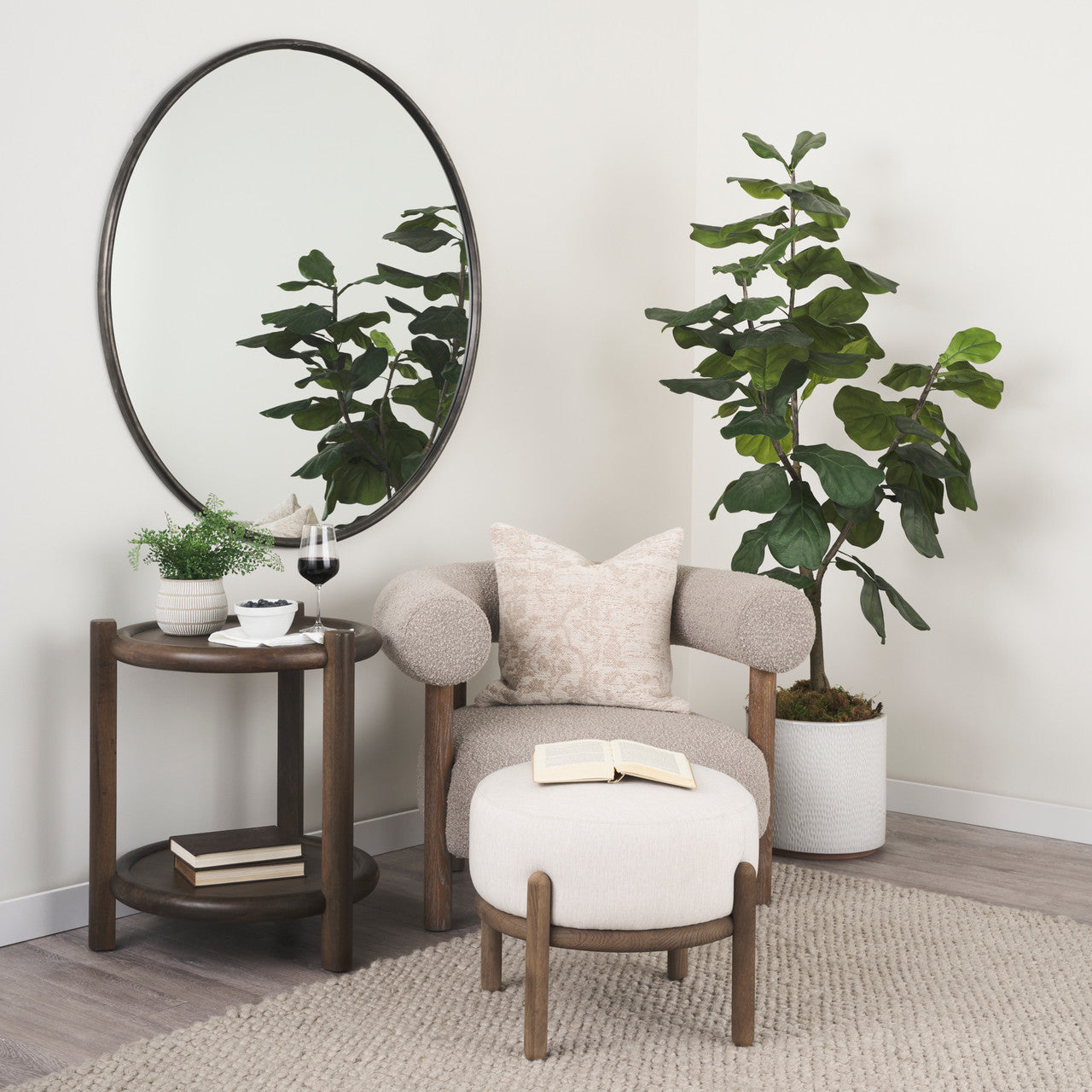 Gwynn Oatmeal Fabric w/ Dark Brown Wood Pouf