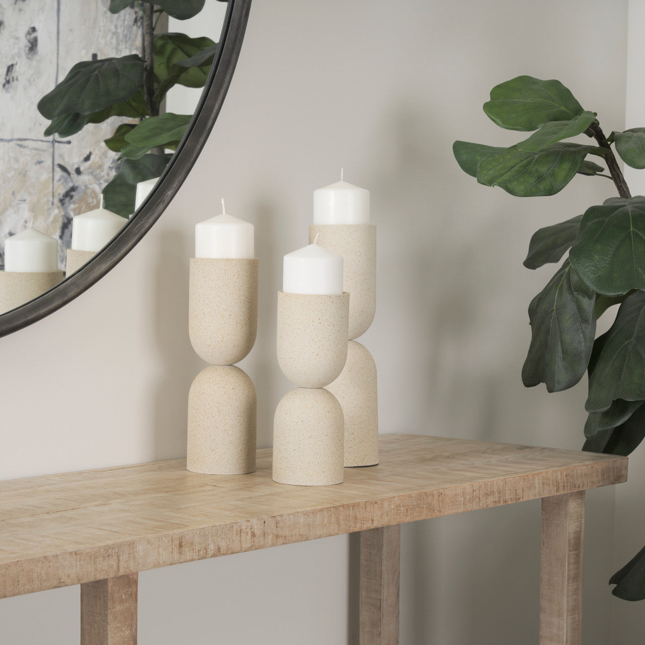 Qamra Short Beige Textured Metal Pillar Candle Holder