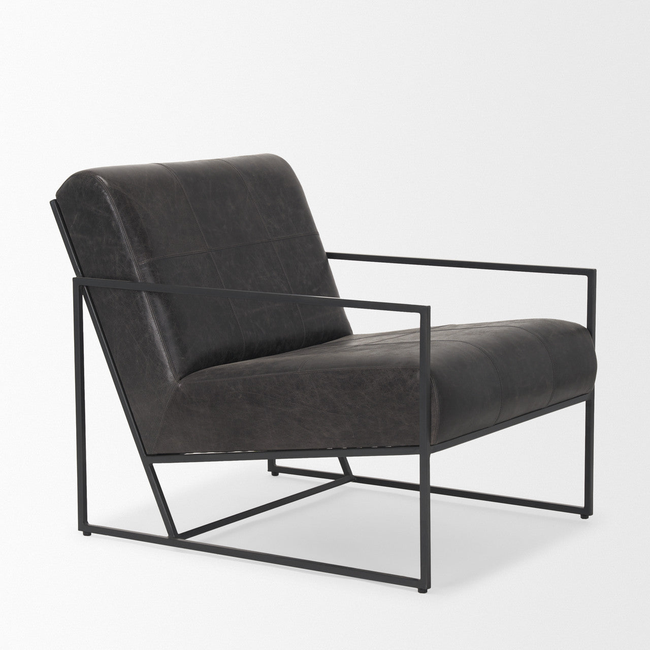 Stratton Gunmetal w/ Genuine Aged Black Leather Upholstered Accent Chair