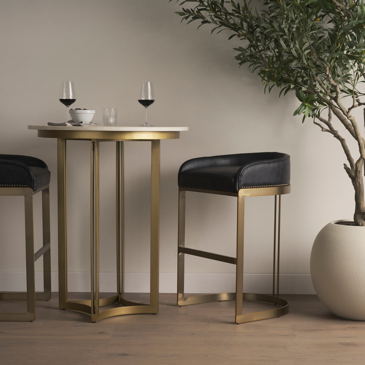 Hollyfield II Black Leather Seat Gold Metal Base Bar Stool