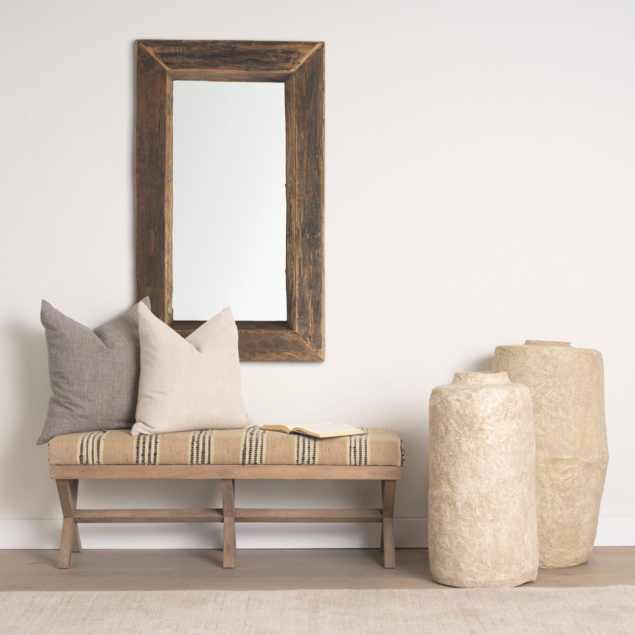 Solis 50L x 16W Brown Base Upholstered Beige/Black Stripe Seat Accent Bench
