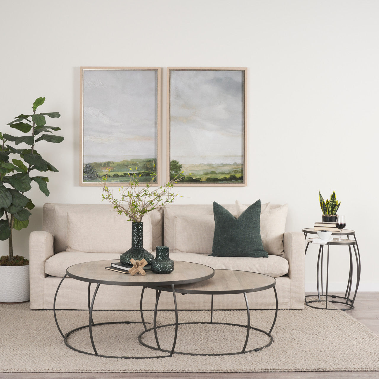 Clapp Round Light Brown W/ White Wash Wood and Silver Metal Nesting Accent Tables (Set of 2)