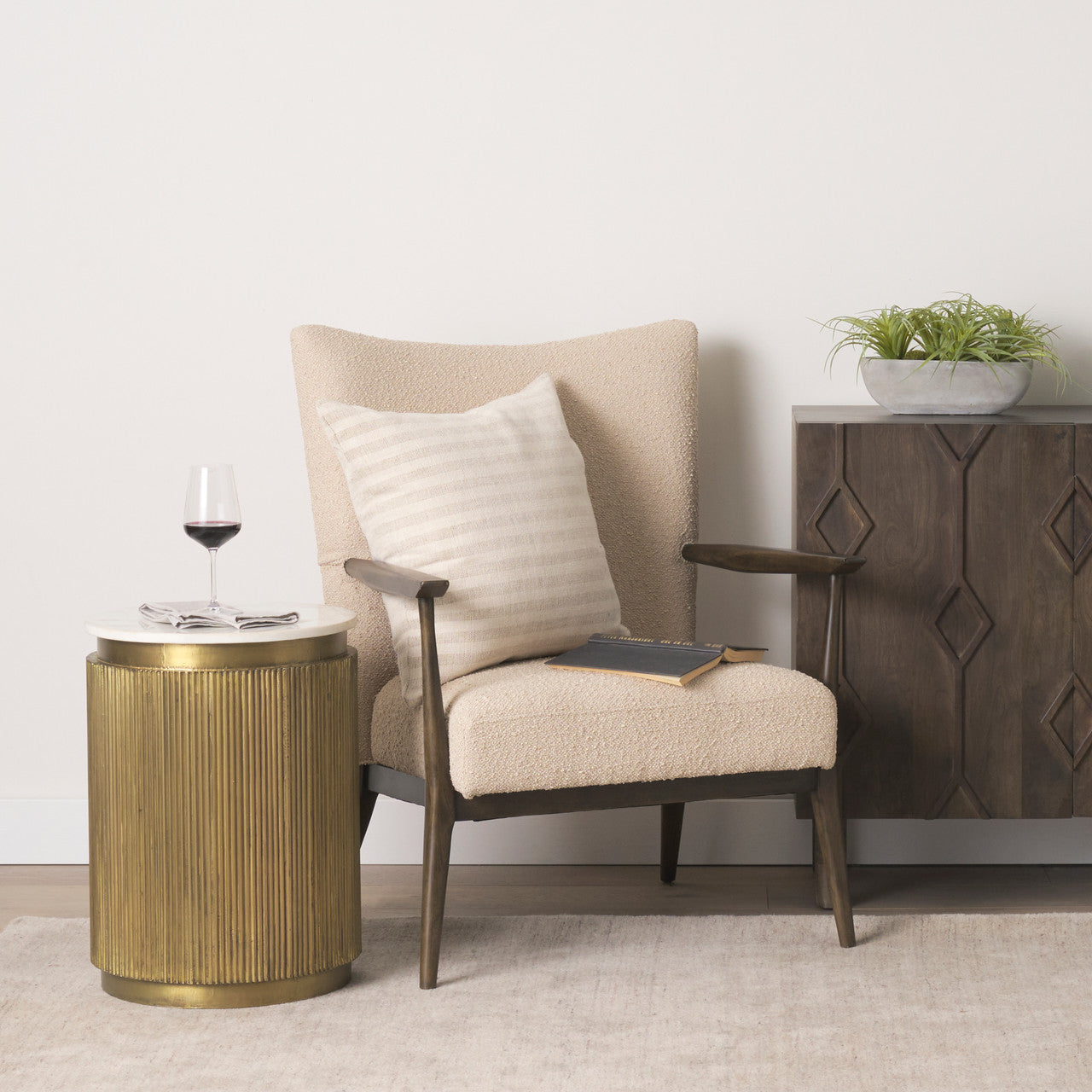 Satima White Marble w/ Gold Metal Round Fluted Accent Table