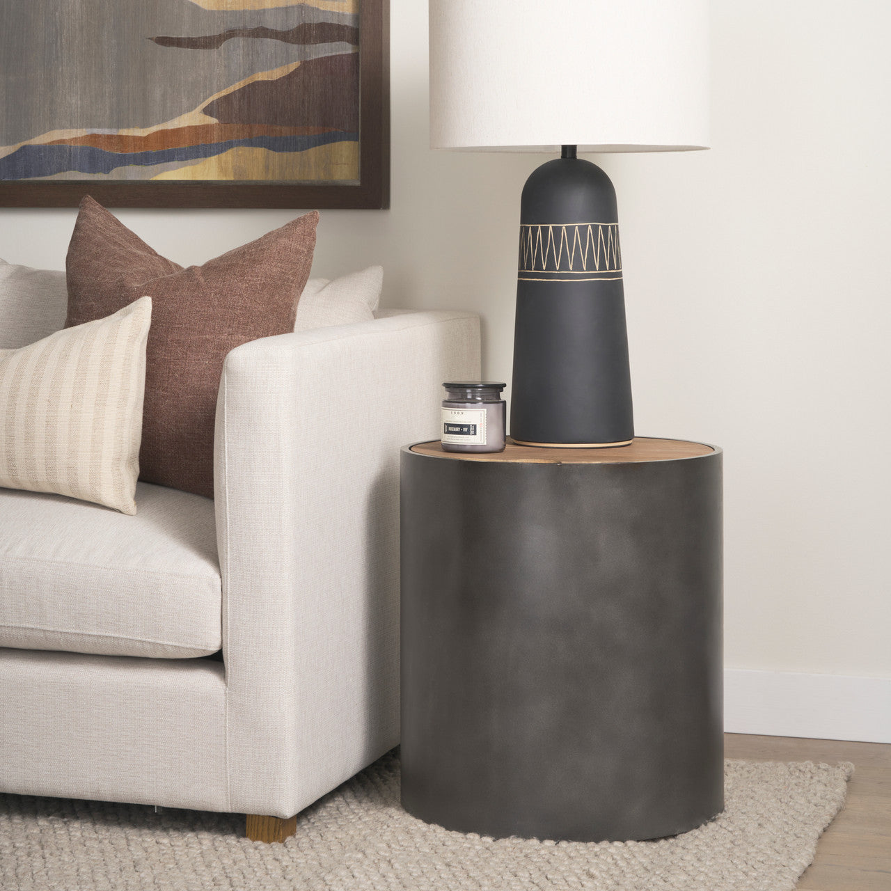 Eclipse Gunmetal Gray Drum Base w/ Brown Wood Top End/Side Table
