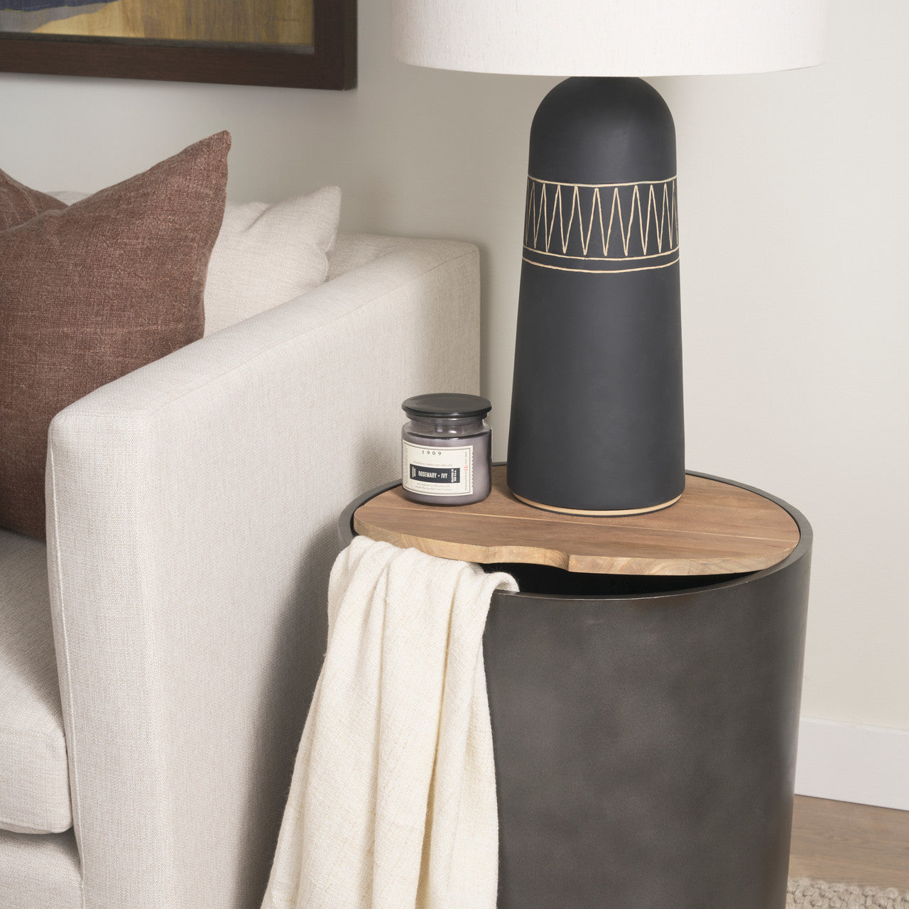 Eclipse Gunmetal Gray Drum Base w/ Brown Wood Top End/Side Table