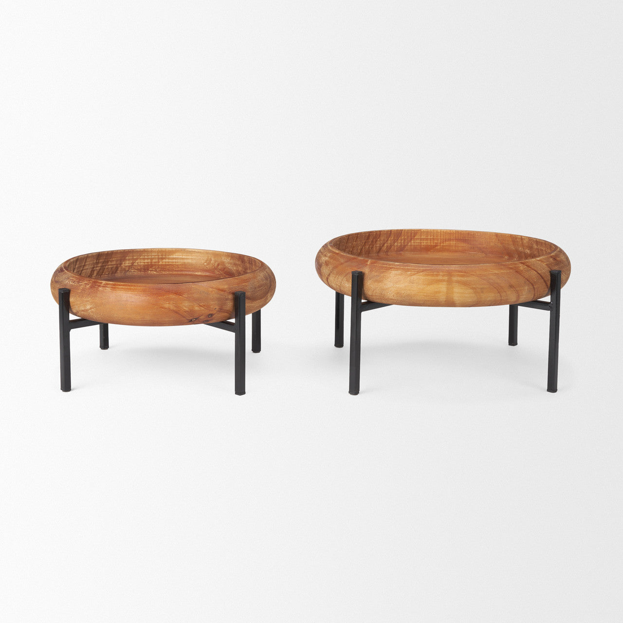 Wally Round Medium Brown Wood w/ Matte Black Metal Stand Trays