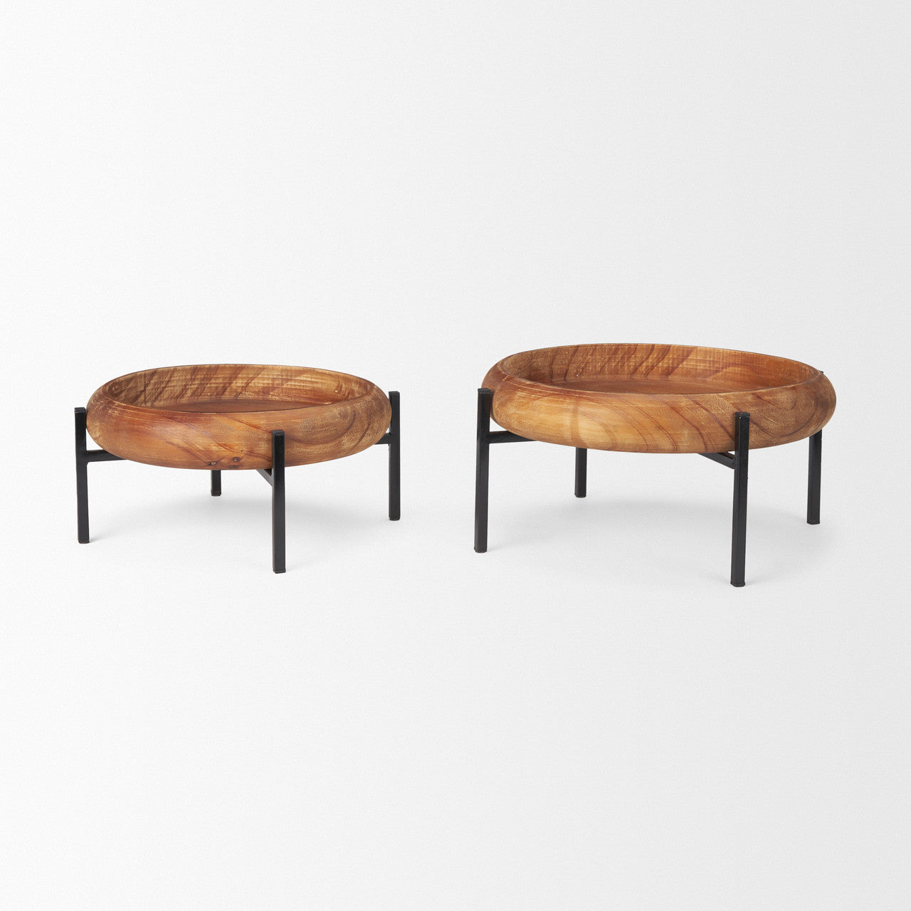 Wally Round Medium Brown Wood w/ Matte Black Metal Stand Trays