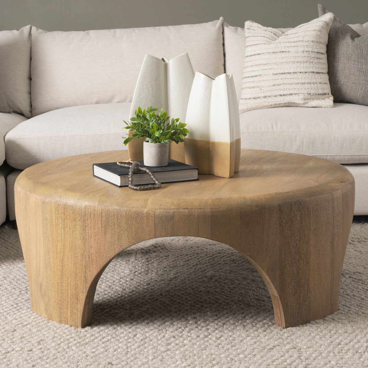 Shima Round Light Brown Wood W/Arched Legs Coffee Table