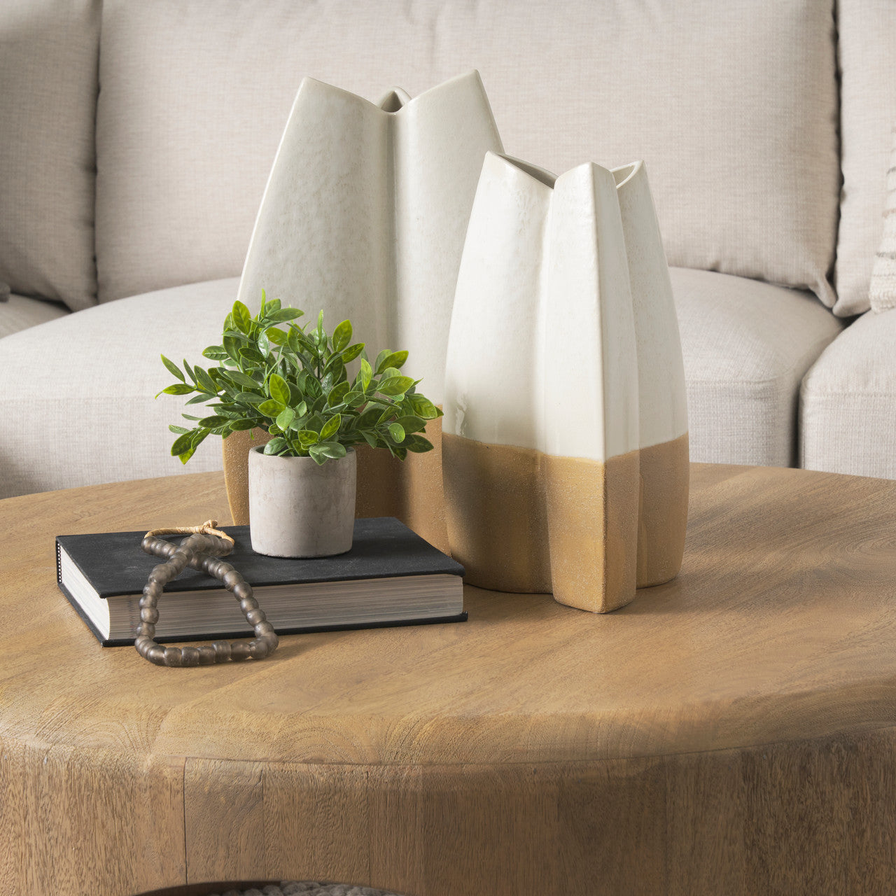 Vania Large Off White w/ Tan Textured Ceramic Vase