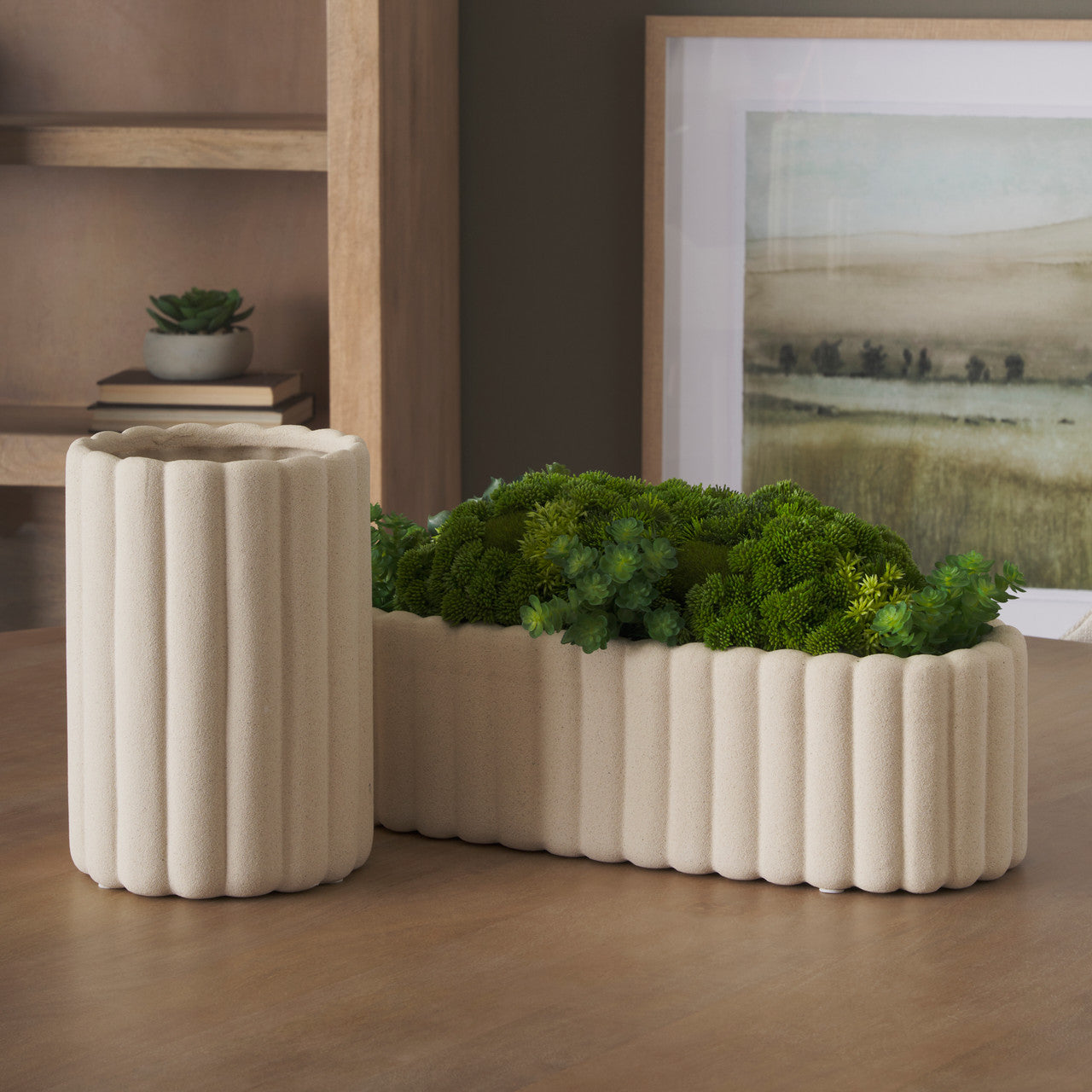 Mira Wide Textured Blush Beige Fluted Ceramic Vase