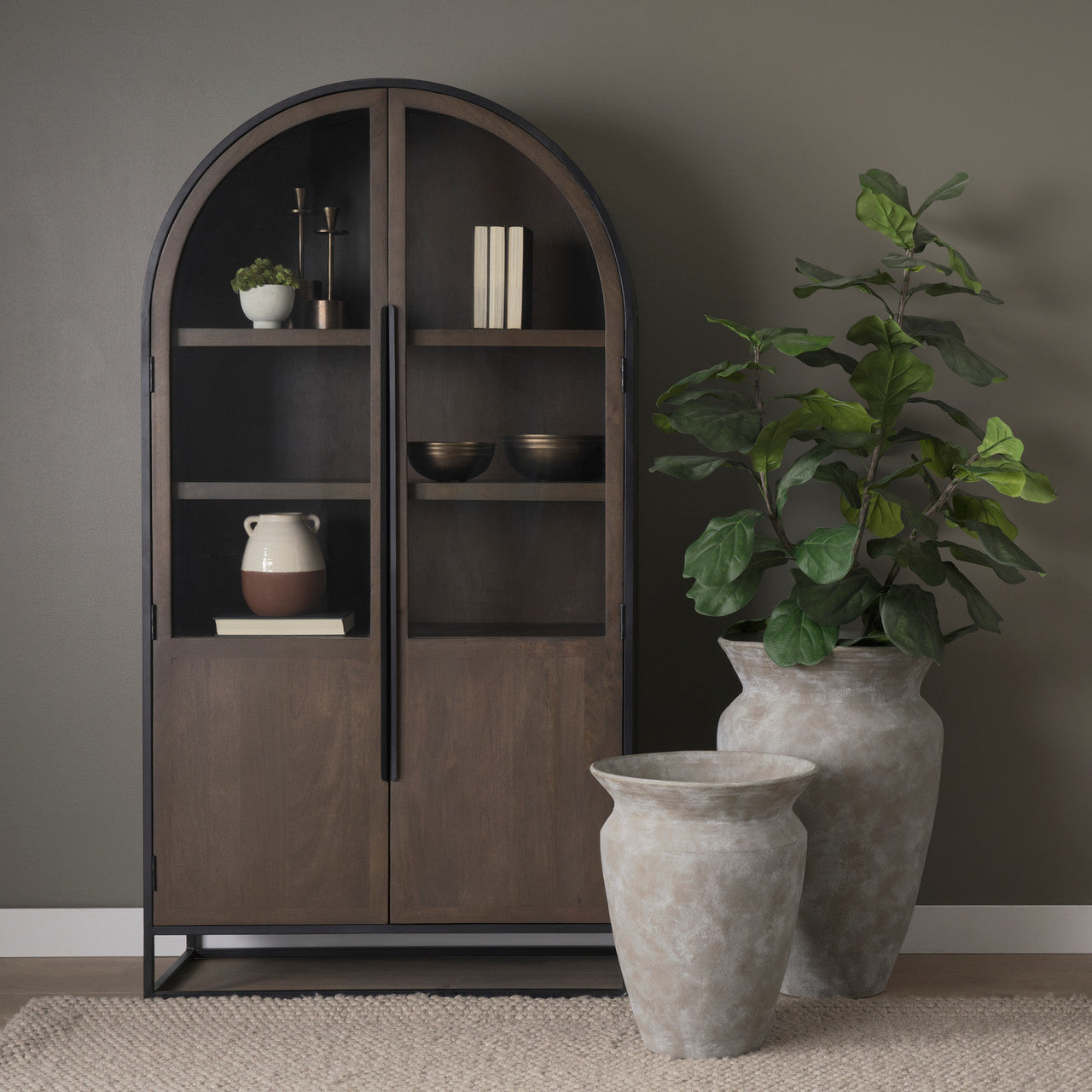 Sloan 80.5H Dark Brown Wood W/Black Metal Arched Curio Cabinet