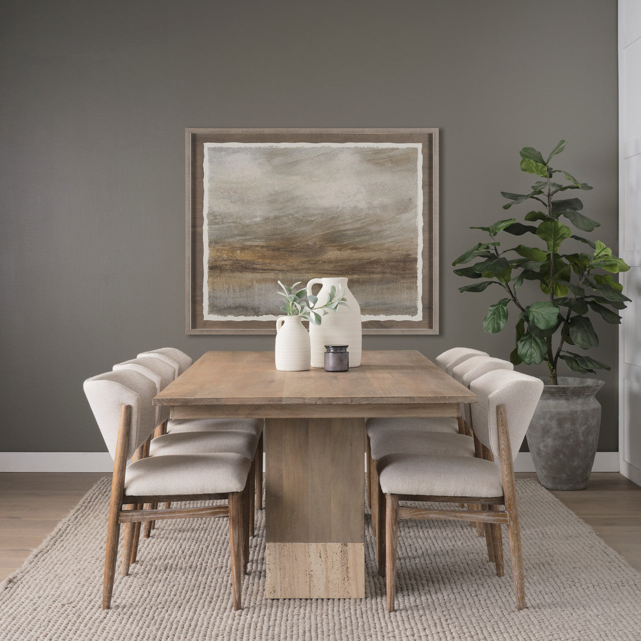 Shivon 94" Light Brown Mango Wood W/ Travertine Dining Table