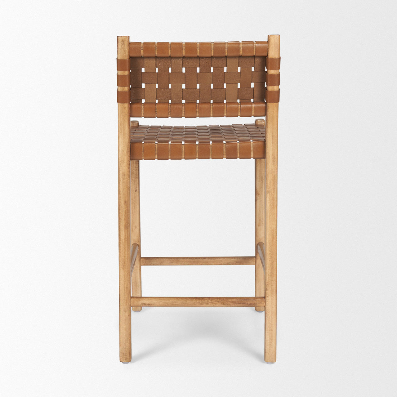 Shane Brown Wood w/ Woven Brown Leather Counter Stool