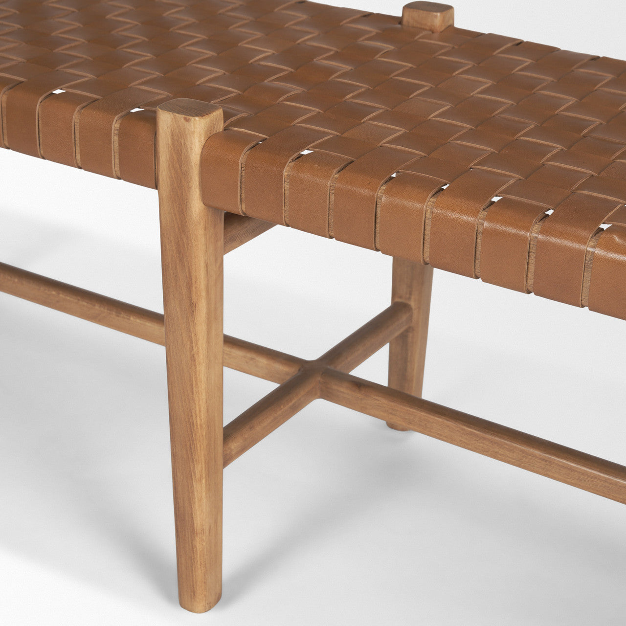 Shane Brown Wood w/ Woven Brown Leather Bench