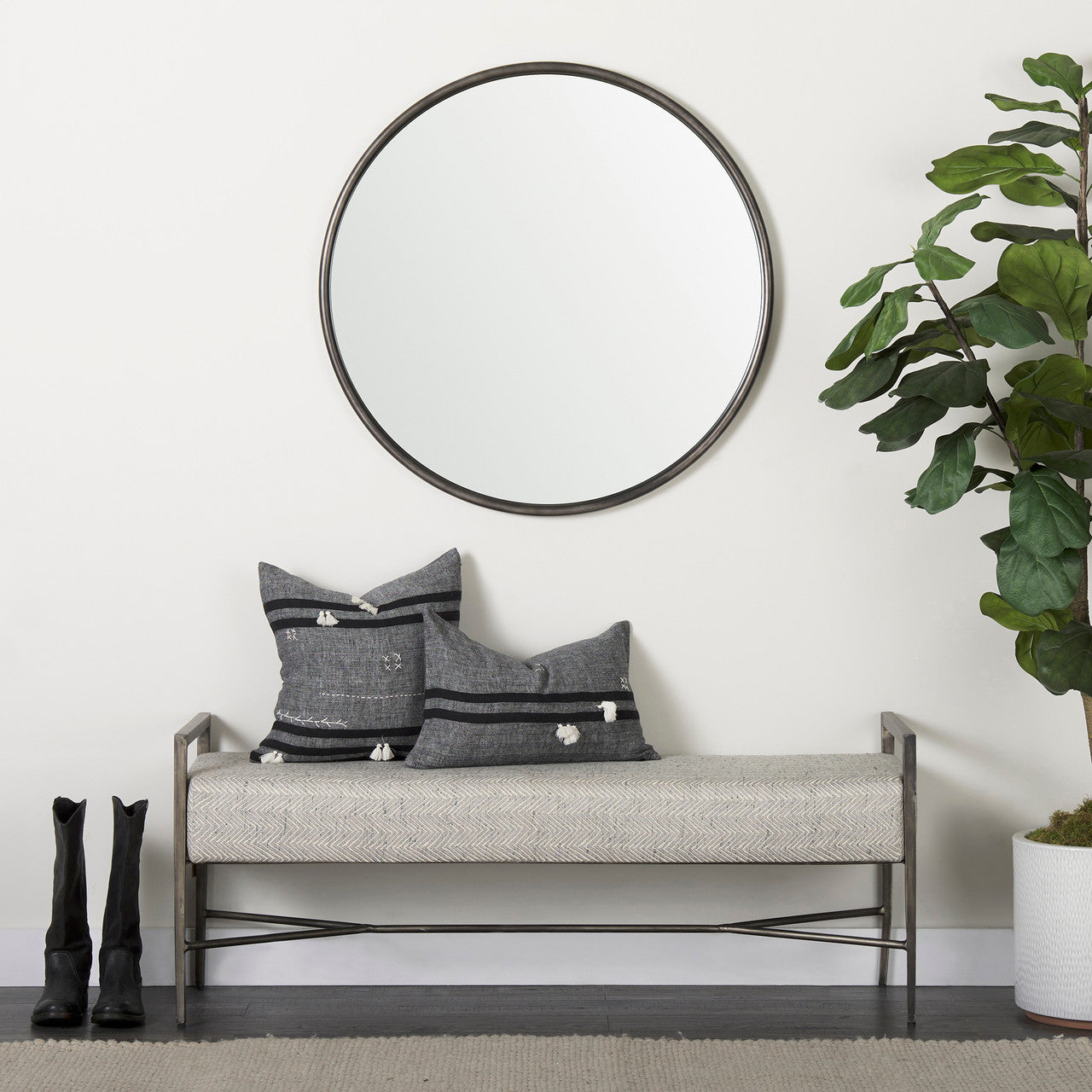 Charlotte  55.0L Gray Herringbone Fabric Seat w/ Antique Nickel Metal Frame Bench