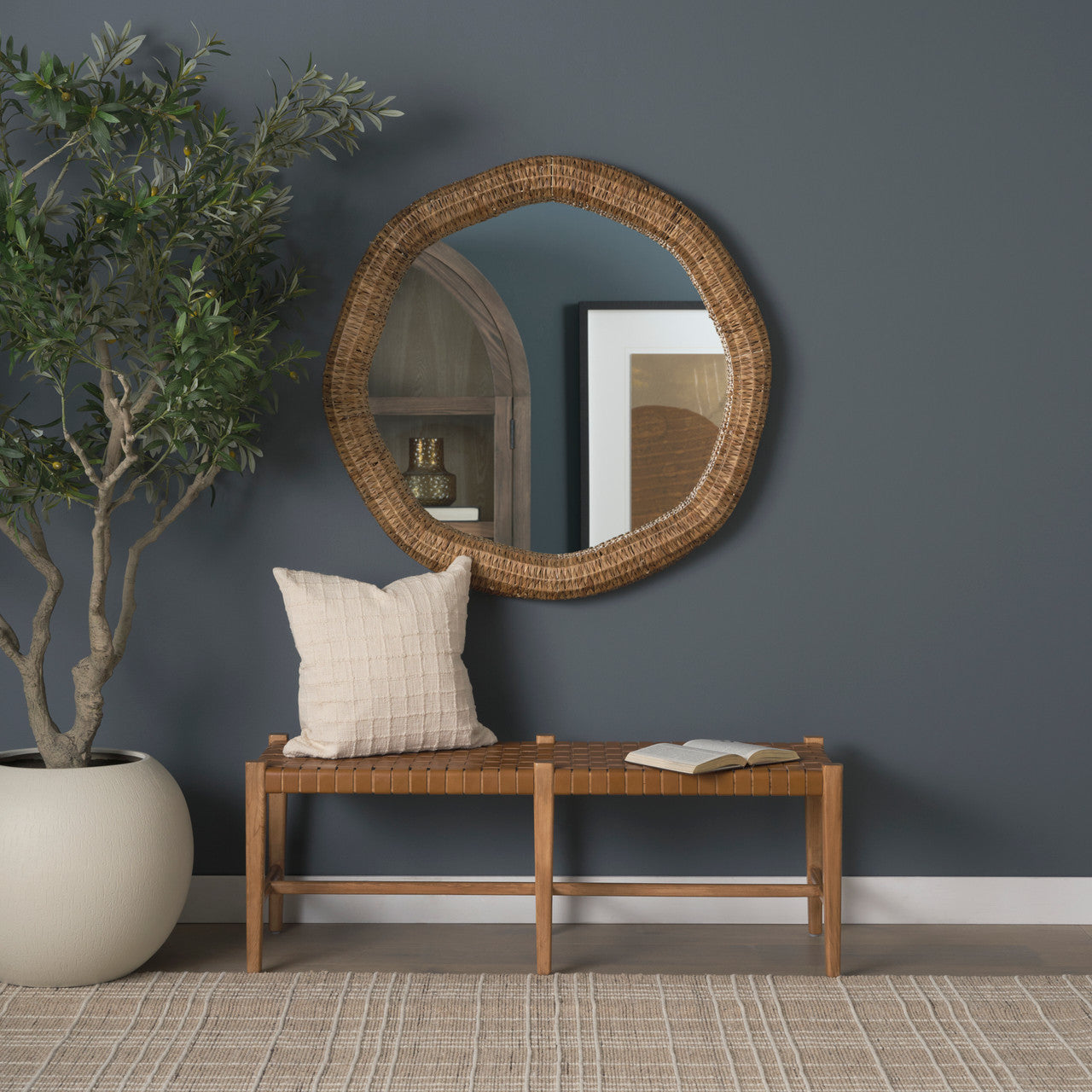 Shane Brown Wood w/ Woven Brown Leather Bench