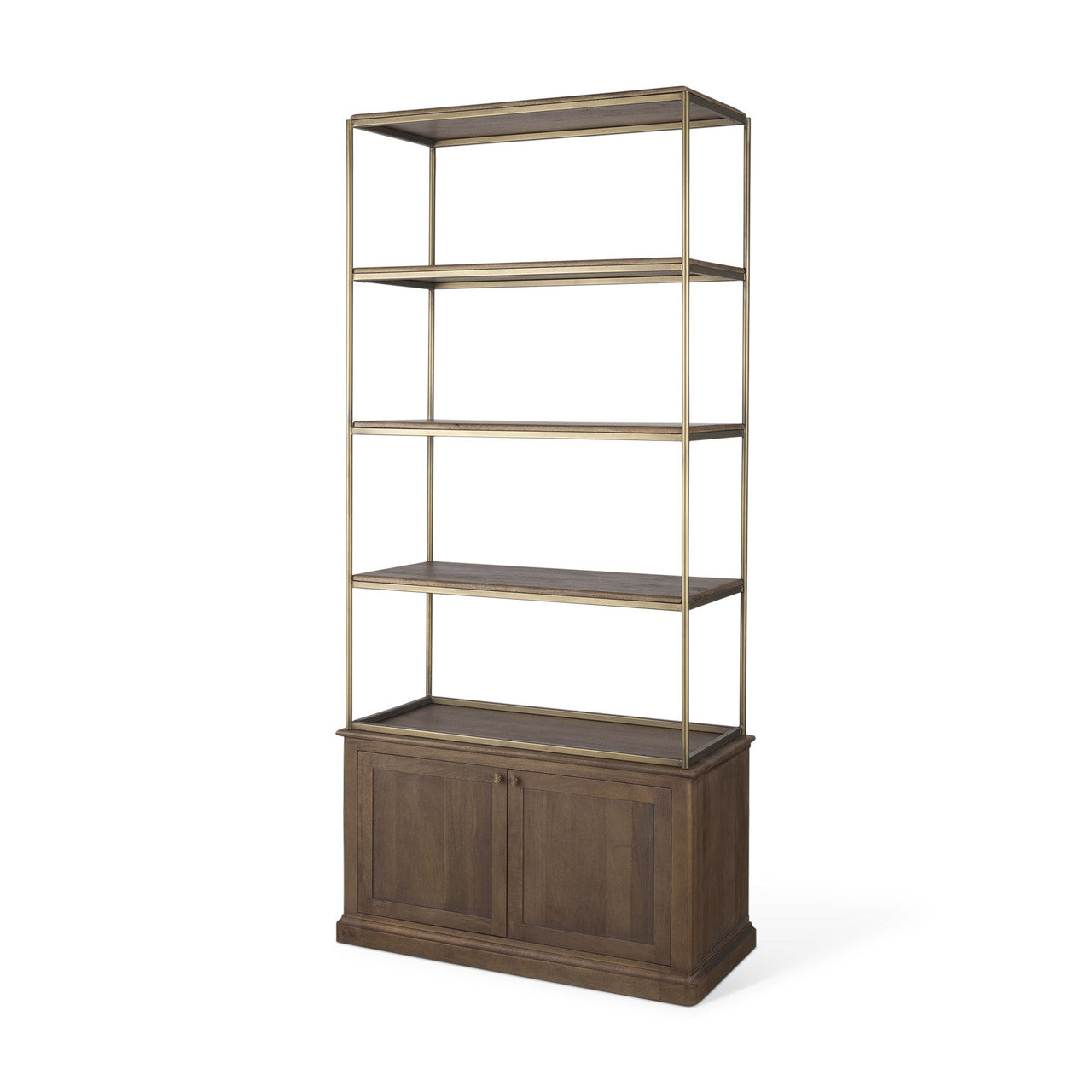 Braxton Dark Brown Wood w/ Antiqued Aged Brass Metal 3 Tiers 2 Door Shelving Unit