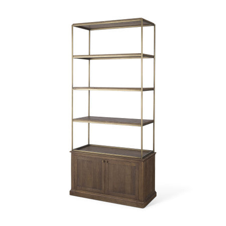 Braxton Dark Brown Wood w/ Antiqued Aged Brass Metal 3 Tiers 2 Door Shelving Unit