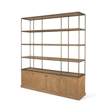 Braxton Light Brown Wood w/ Antiqued Brass Metal 3 Tiers 2 Door Shelving Unit