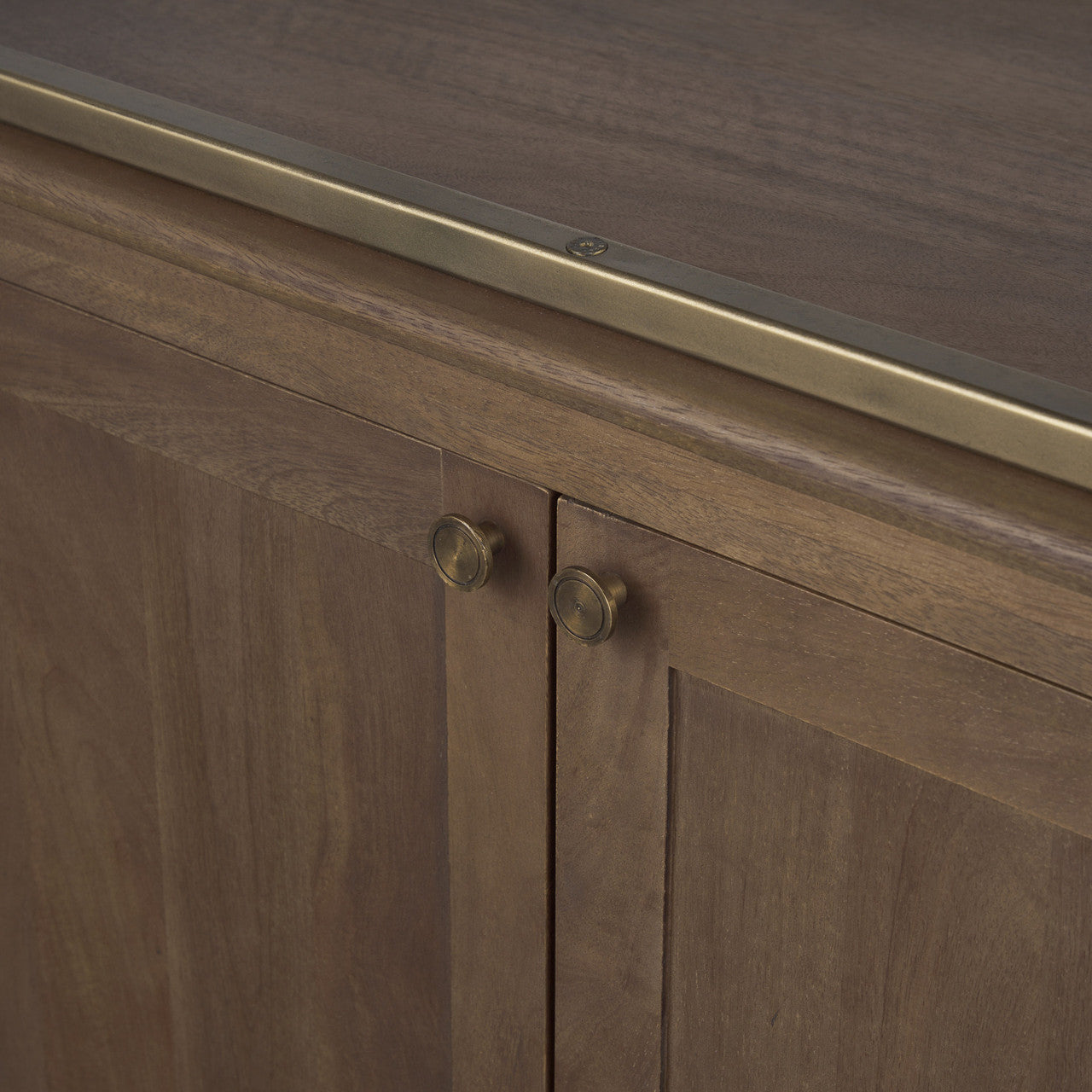 Braxton Dark Brown Wood w/ Antiqued Aged Brass Metal 3 Tiers 2 Door Shelving Unit