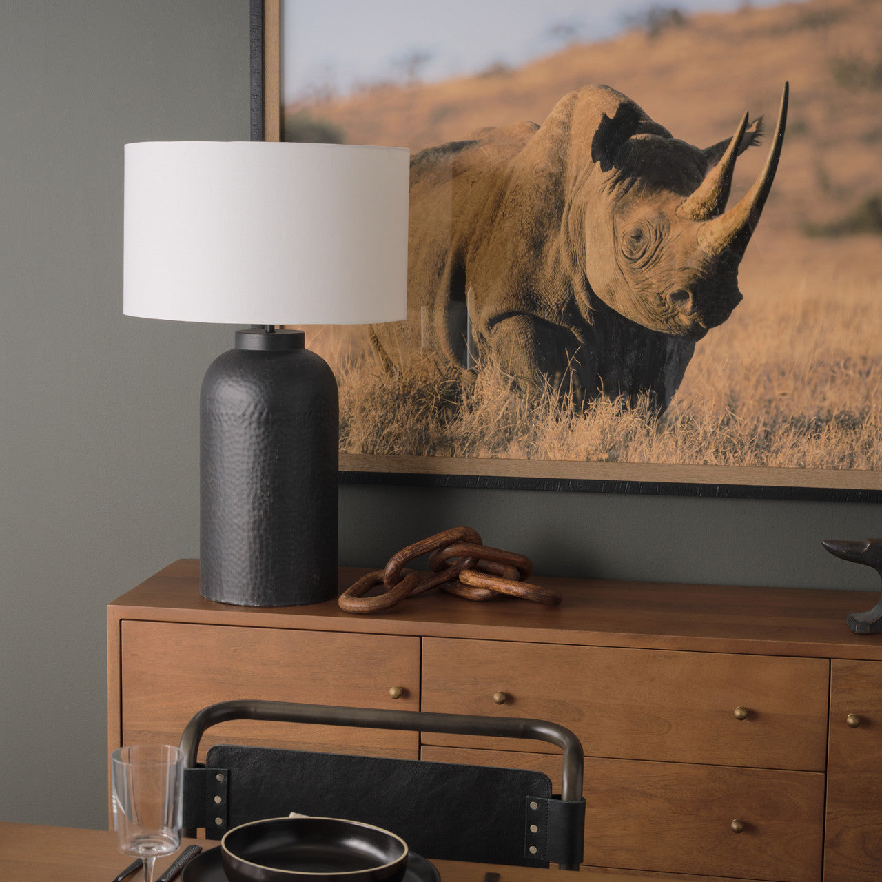 Leo 18.0L x 18.0W x 31.0H Black Hammered W/White Fabric Shade Table Lamp