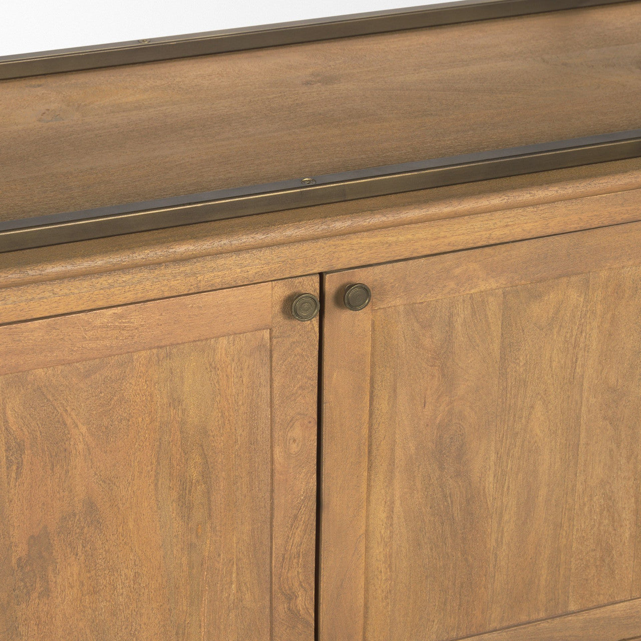 Braxton Light Brown Wood w/ Antiqued Brass Metal 3 Tiers 2 Door Shelving Unit