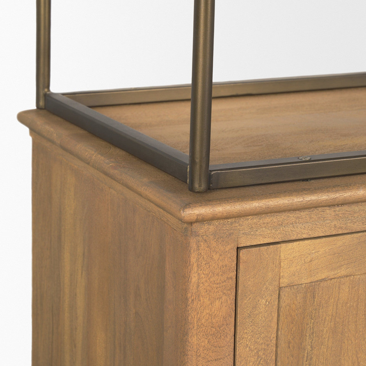 Braxton Light Brown Wood w/ Antiqued Brass Metal 3 Tiers 2 Door Shelving Unit