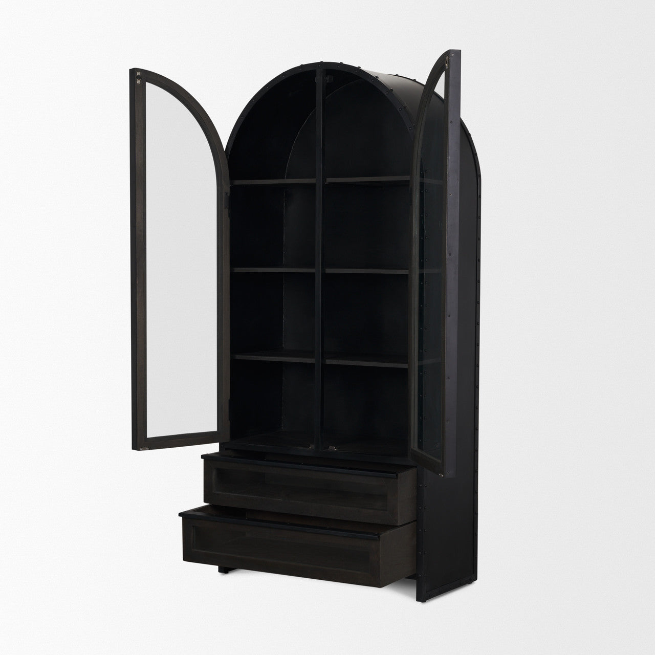 Gehry 72.3" H Dark Brown Metal Brown Wood and Glass Door Display Cabinet