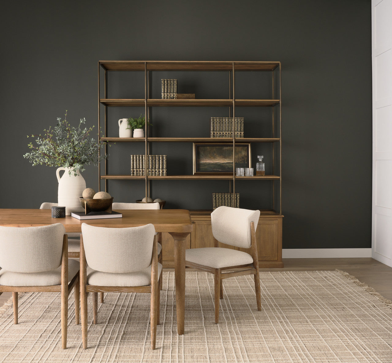 Braxton Light Brown Wood w/ Antiqued Brass Metal 3 Tiers 2 Door Shelving Unit