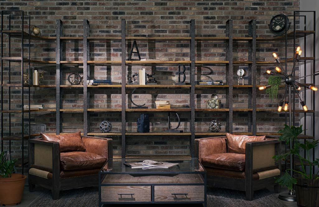 Turner I 37L x 10.5W x 90H Curved Brown Wood and Black Iron Six Shelving Unit