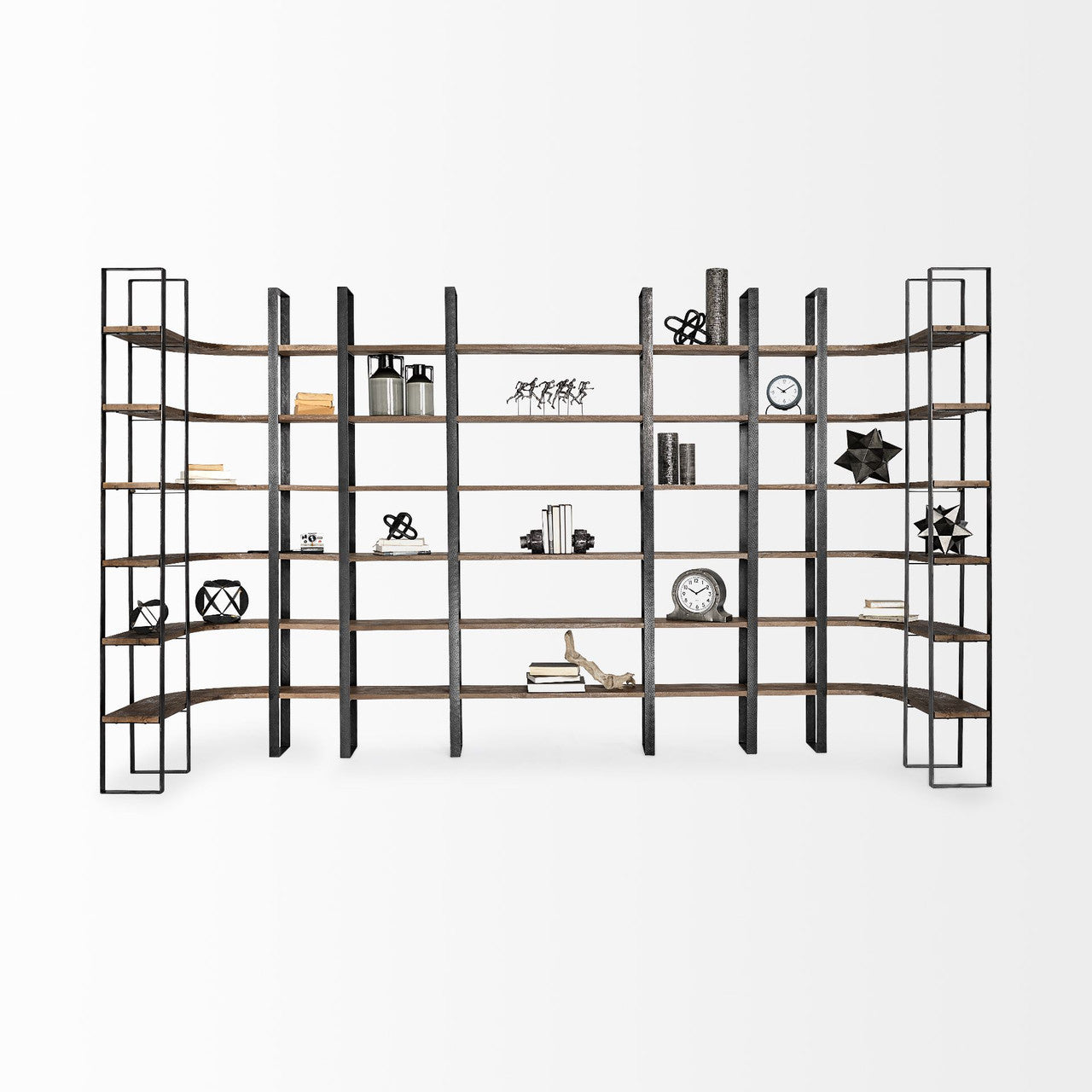 Turner II 37L x 10.5W x 90H Curved Dark Brown Wood And Black Iron Six Shelving Unit