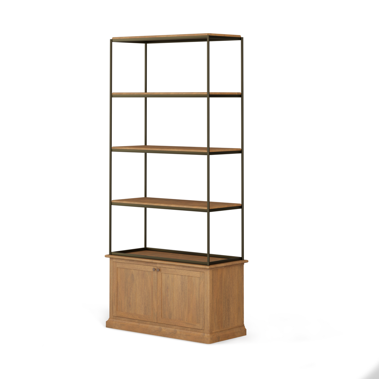 Braxton Light Brown Wood w/ Dark Aged Brass Metal Three Shelf Shelving Unit