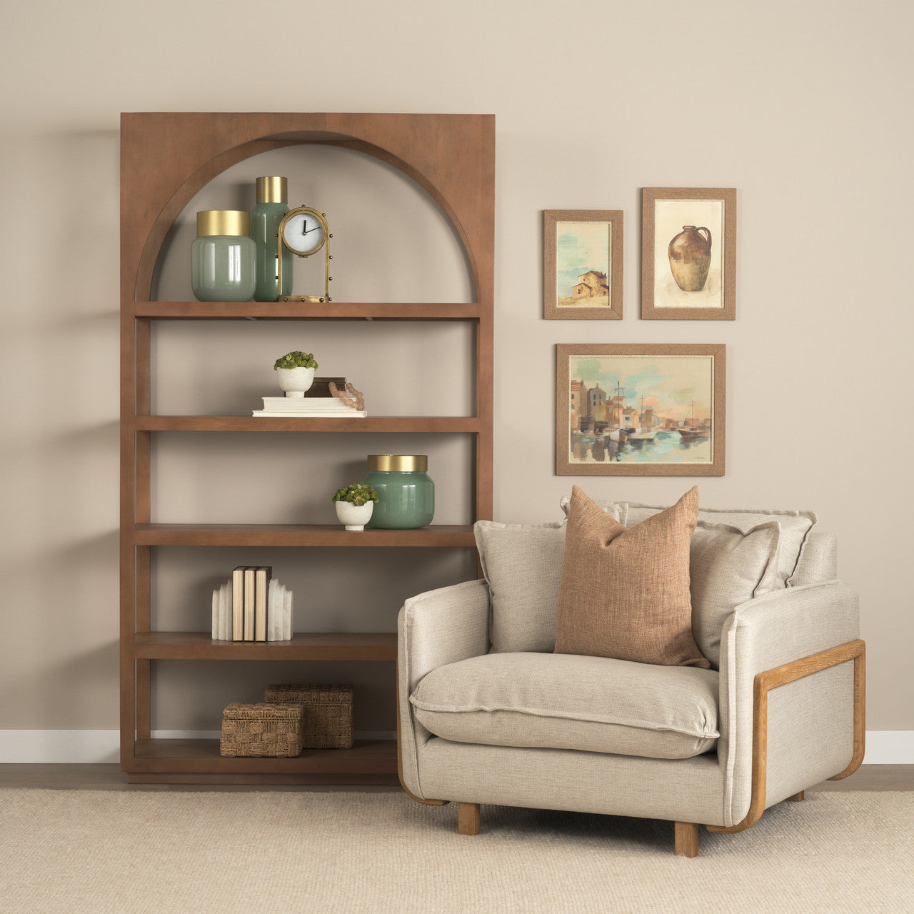 Roy II Beige Upholstered and Brown Wood Frame Arm Chair