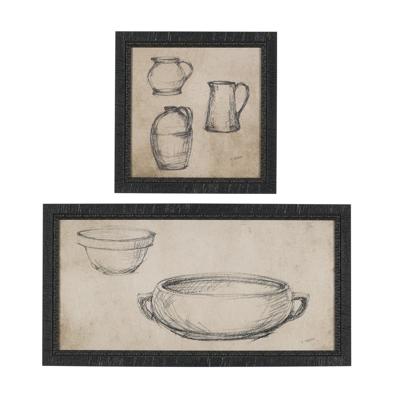Vintage Tableware Sketch (Set of 2) by Mercana Studio Hand Embelished Textured Framed Canvas Matted