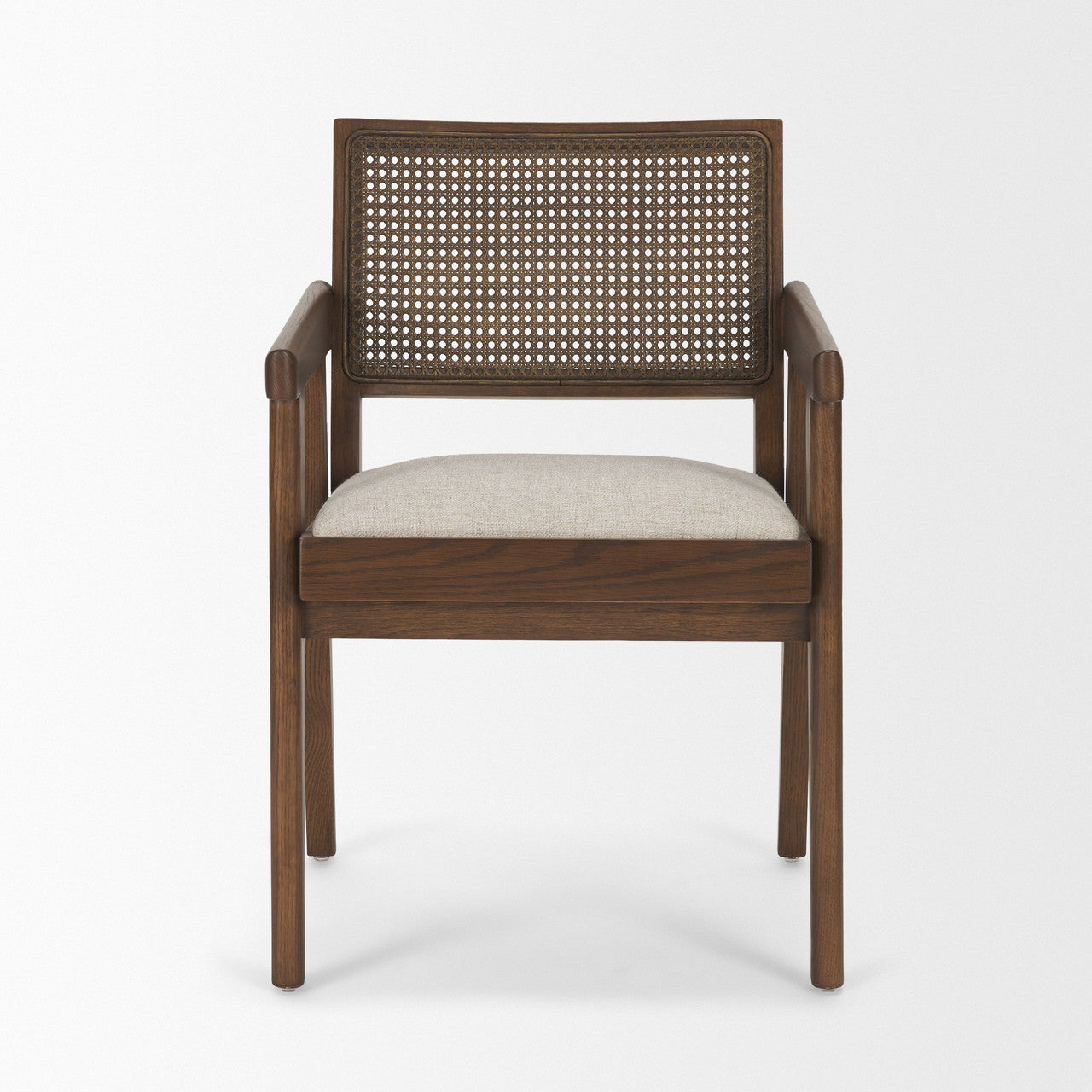Reid Framed Brown Cane Cream Fabric Dining Armchair