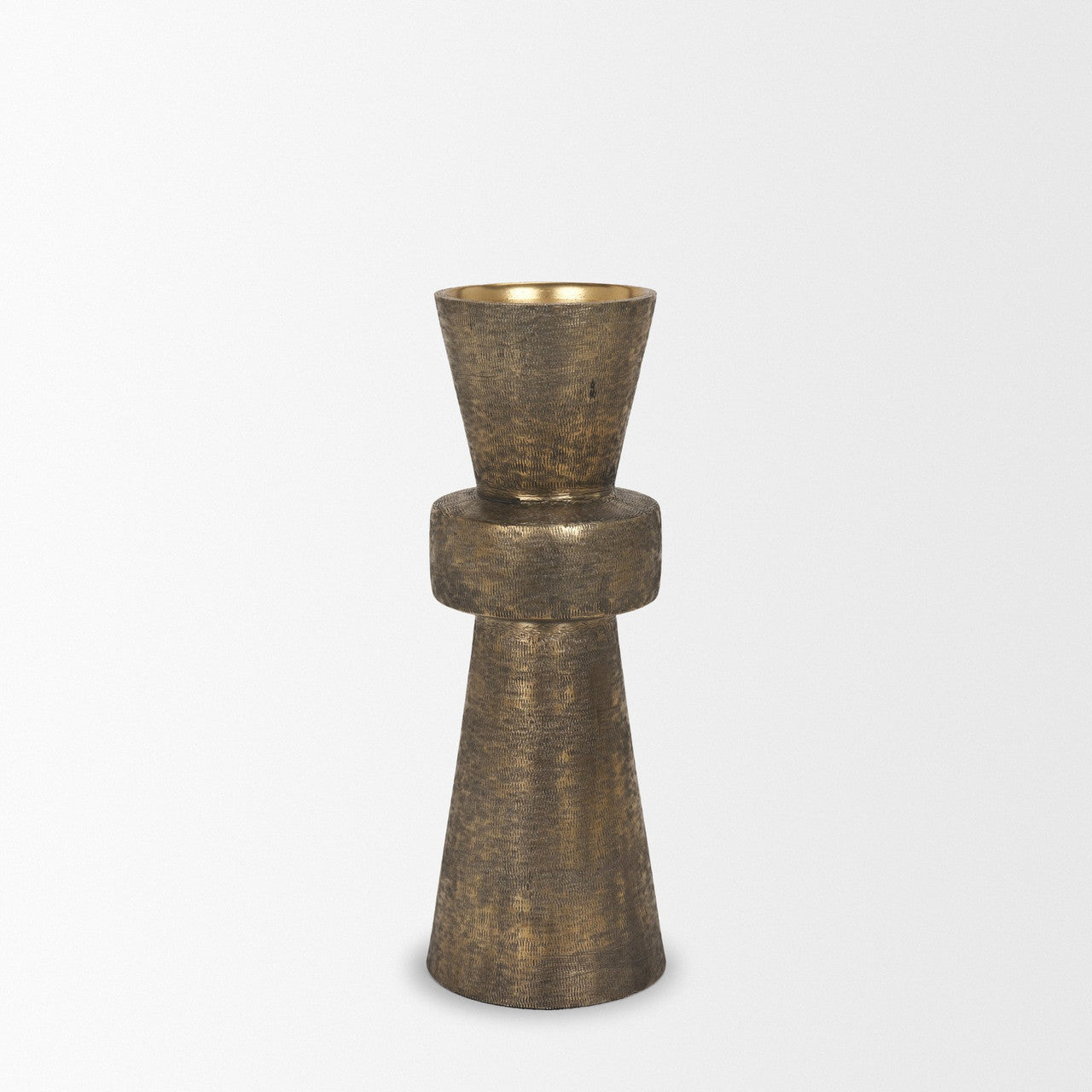 Odilia Large Textured Antiqued Gold Metal Geometric Pillar Candle Holder