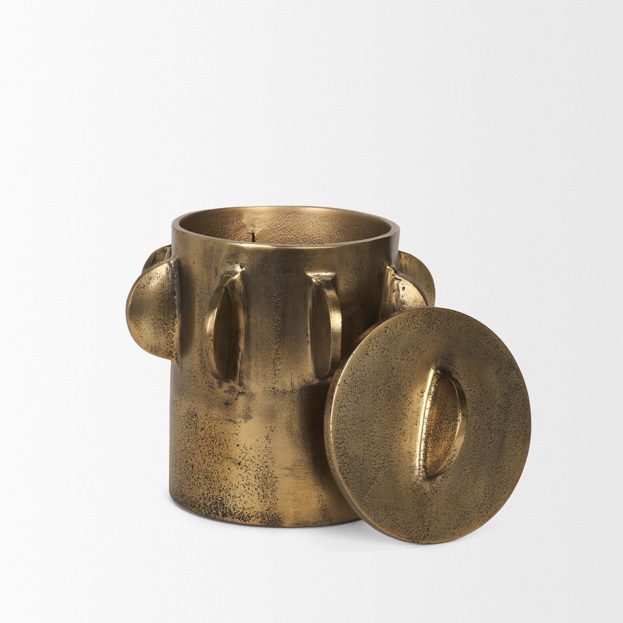 Deacon Small Antiqued Gold Metal Canister with Sculptural Handles