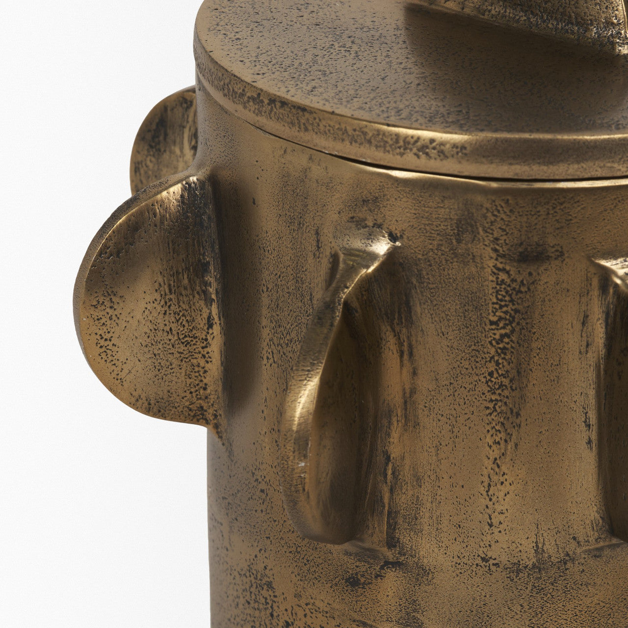 Deacon Small Antiqued Gold Metal Canister with Sculptural Handles