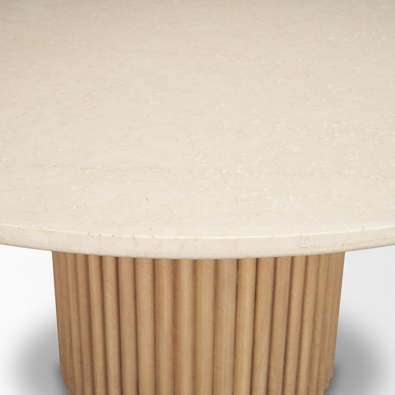 Marbrello 60" Botticcino Marble Top Light Brown Fluted Wood Round Dining Table