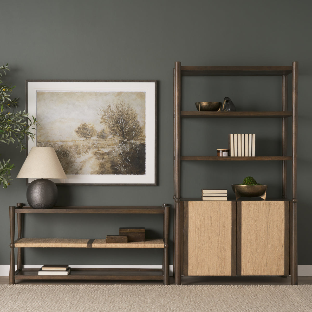 Bondi 2 Door Open Dark Brown Wood w/ Paper Rope Shelving Unit