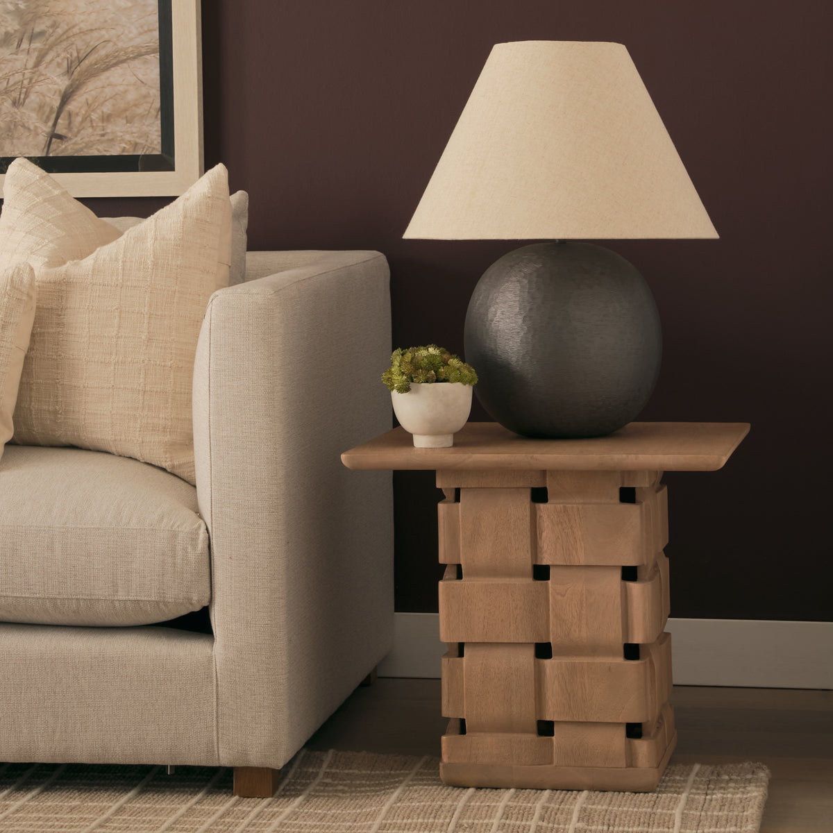 Trellyn Light Brown Wood w/ Carved Woven Base Square Accent Table
