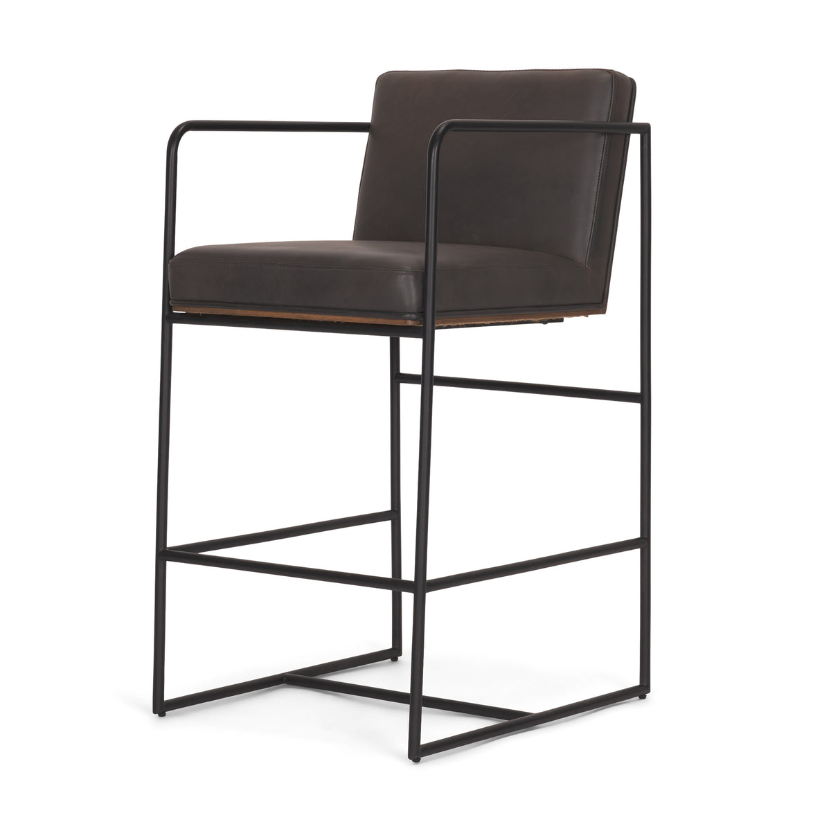 Stamford 36" Total Height Charcoal-Brown Leather Seat w/ Wood Back Metal Counter Stool