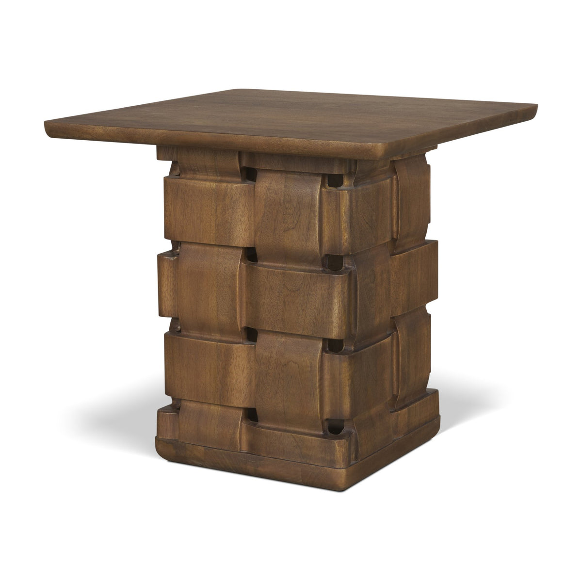 Trellyn Dark Brown Wood w/ Carved Woven Base Square Accent Table