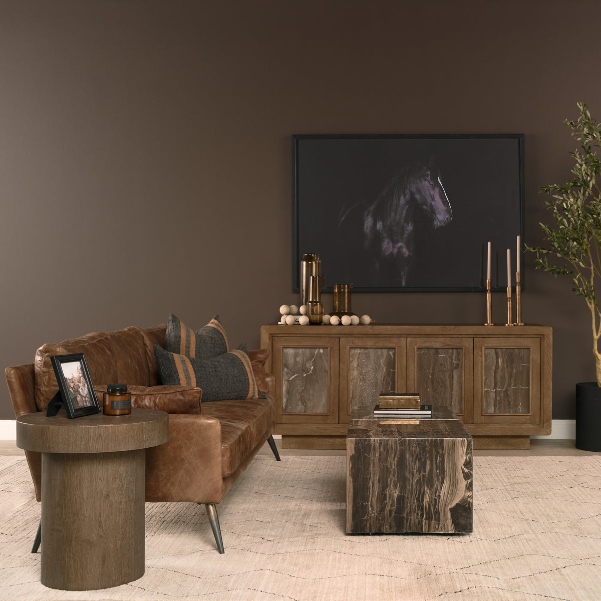 Valterra Dark Brown Wood w/ Cappuccino Marble 4 Door Sideboard