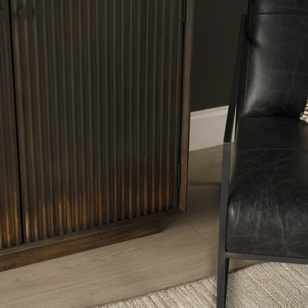 Cinder Distressed Dark Brown Wood Reeded 2-Door Closed Accent Cabinet