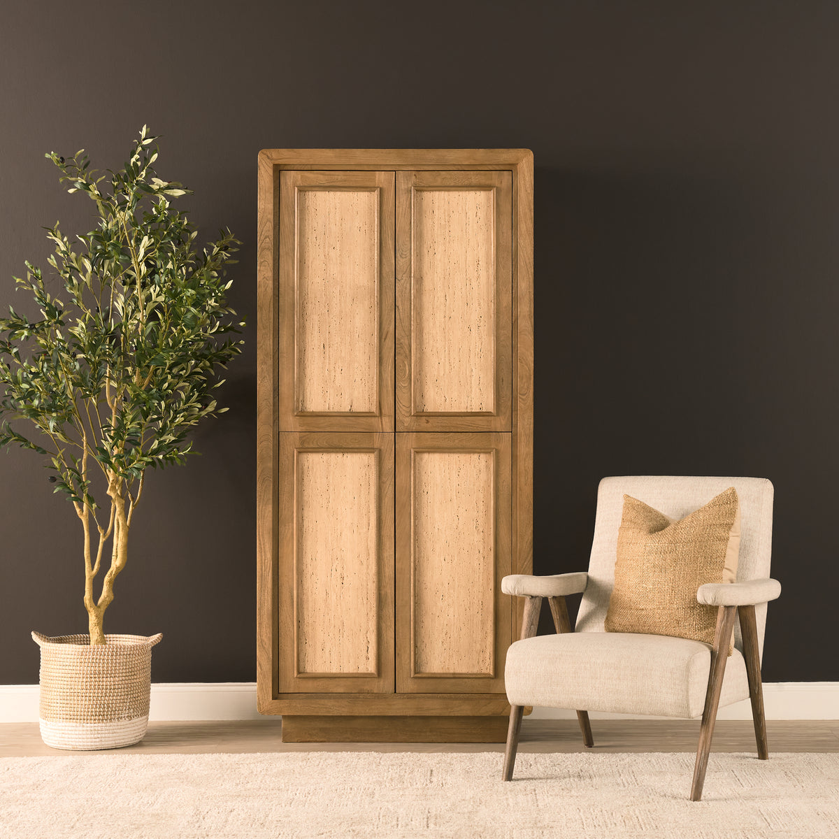 Valterra Light Brown Wood w/ Travertine 4 Door Tall Cabinet