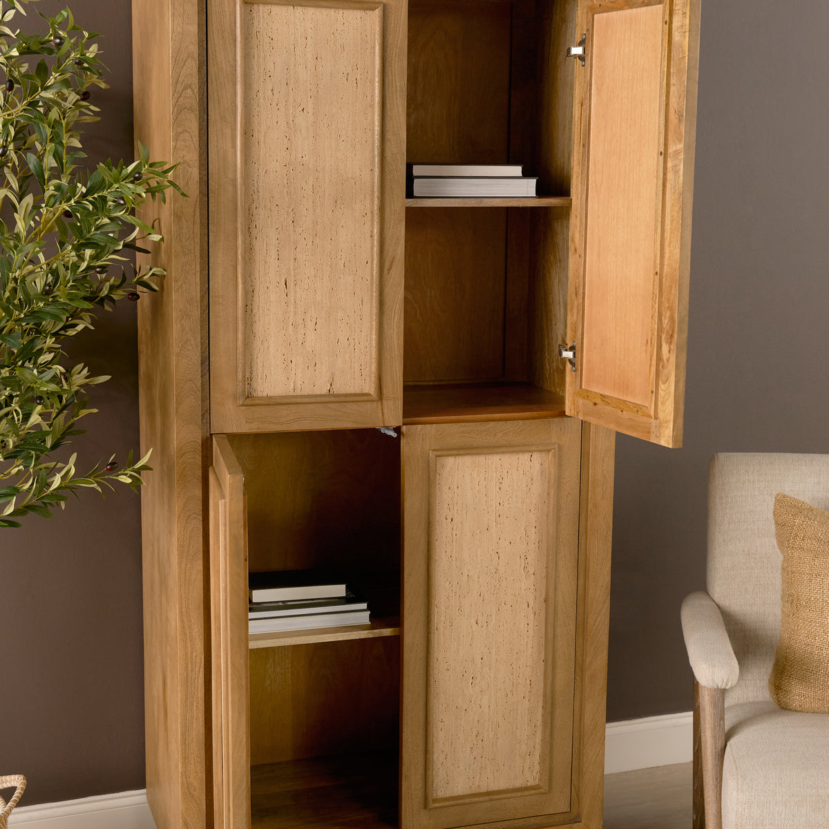 Valterra Light Brown Wood w/ Travertine 4 Door Tall Cabinet