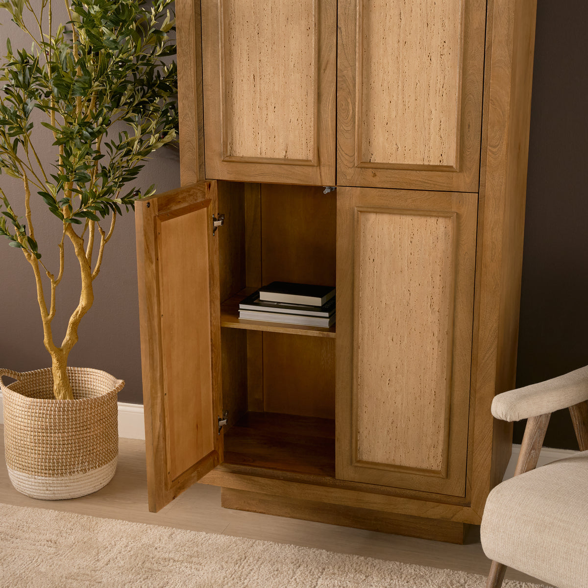 Valterra Light Brown Wood w/ Travertine 4 Door Tall Cabinet