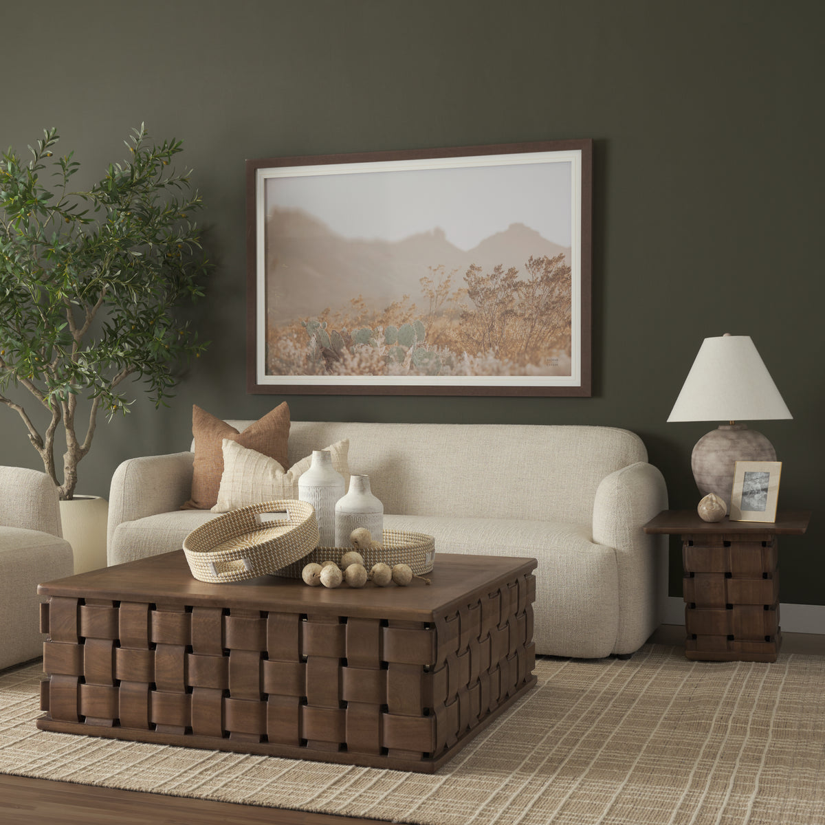 Trellyn Dark Brown Wood w/ Carved Woven Base Square Accent Table