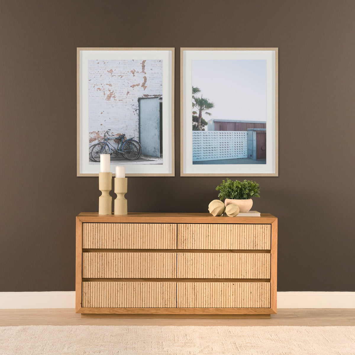 Travona Oak Wood w/ Travertine 6 Drawer Dresser